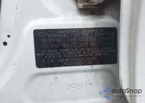 2005 Hyundai Sonata Gls/Lx z USA, uszkodzony, nr VIN KMHWF35H55A126294